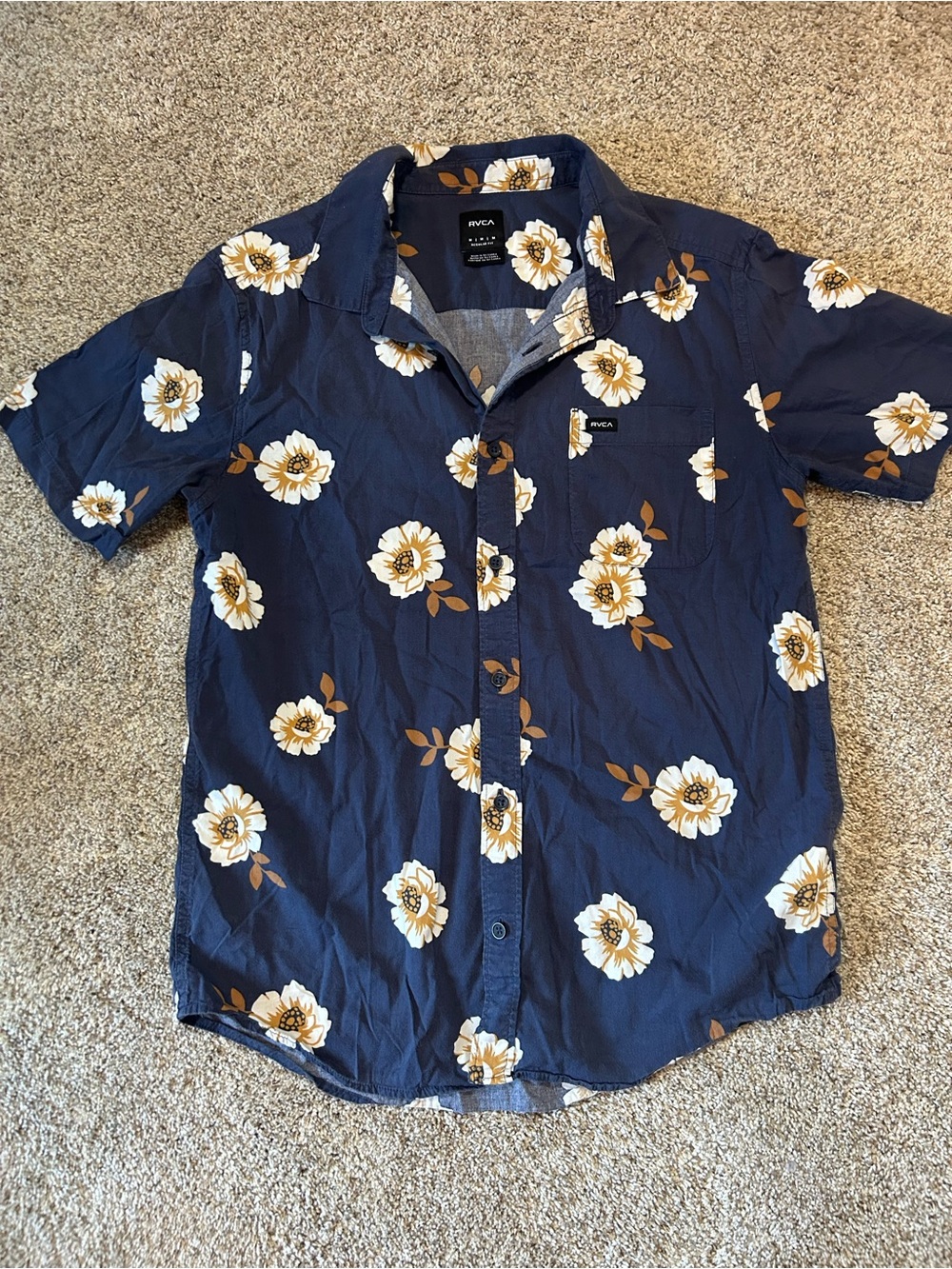 RVCA Men's Botanical Floral Short Sleeve Button Up Shirt Blue Gold Size Medium